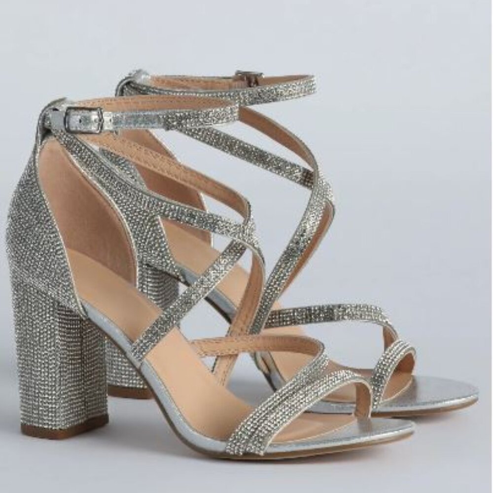 Windsor Silver Crystal-Strap Block Heels